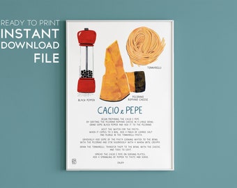 Cacio e Pepe Print, Italy Poster, Kitchen Decor, Food Art,  Pasta, Digital Download, print at home