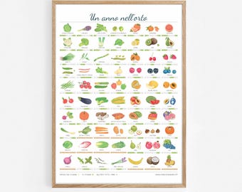 May include: A framed print featuring a colorful illustration of various fruits and vegetables. The print includes the Italian text "Un anno nell'orto" and a detailed chart of produce. The artwork is set against a white background.
