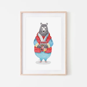May include: Watercolor illustration of a bear wearing a red, blue, and yellow puffer jacket, blue pants, and red shoes. The bear is holding a book titled "ALMANAC 1982-83". The artwork is framed in a light wood frame.