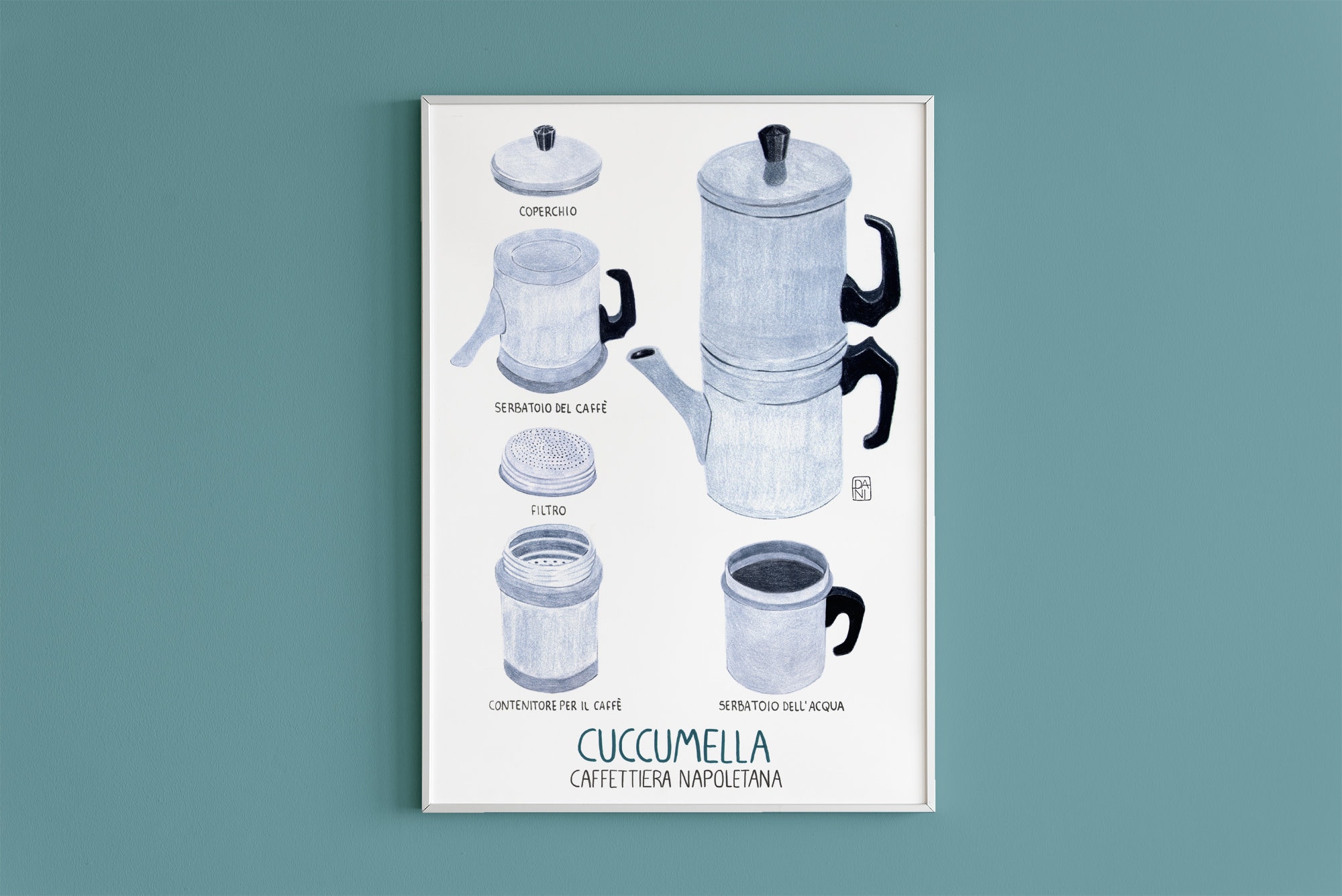 Coffee Print, Napoli Coffee Pot, Home Decor, Kitchen Print, Illustration,  Coffee Lover, Food Art 