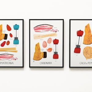 Carbonara, Cacio e pepe, Amatriciana, Italian Pasta recipes, Italian pasta poster, Italian food recipe kitchen wall art