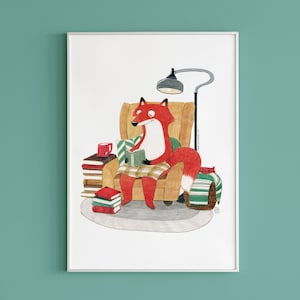 Fox Reading Book Illustration Wall Art, Fox Artwork, Book Lover Gift, Home Decor