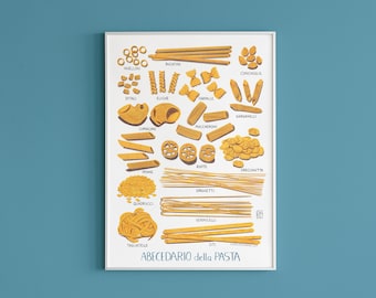Impresión del cartel del alfabeto de pasta, decoración de la cocina italiana, idea de regalo para amantes de la comida, arte de la pared del alfabeto, decoración de la pared de la cocina