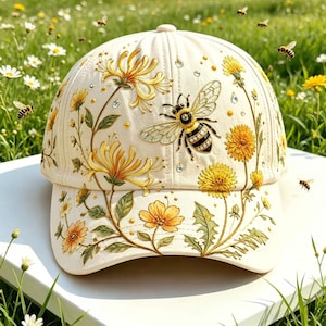 Op de afbeelding: Een crèmekleurige baseballpet met een gedetailleerde illustratie van een honingbij omringd door gele wilde bloemen en groen blad. Het ontwerp bevat kleine, doorzichtige versieringen die over de stof verspreid zijn.