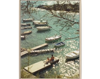 Sunlit Harbor Boats Matte Canvas Framed | Coastal Wall Art