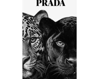 Prada Leopard und Panther Poster Matte Vertikales Poster | Schwarz-Weiß-Dschungel-Wandkunst