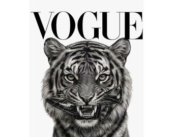 Plakat matowy z ilustracją Vogue Tiger | Modny wydruk ścienny ze zwierzętami