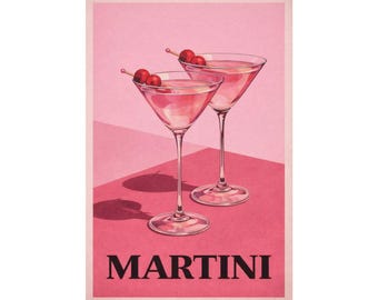 Impresión de Martini rosa / Arte de cóctel vintage, cartel de Giclée