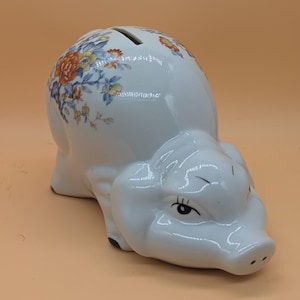 Tirelire cochon vintage en céramique à motif floral, style kitsch années 50, avec bouchon en plastique, décoration rétro pour chambre d'enfant, 17 cm