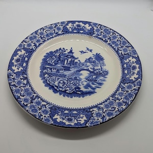 Vintage blå piltallrik, Olde Alton Ware England, Chinoiserie keramikdisplay