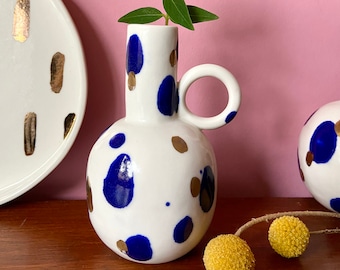 vaso in ceramica / Vaso in porcellana / vaso fatto a mano / ceramica fatta a mano / arredamento eccentrico / blu scuro bianco e oro / regalo per / regalo di nozze