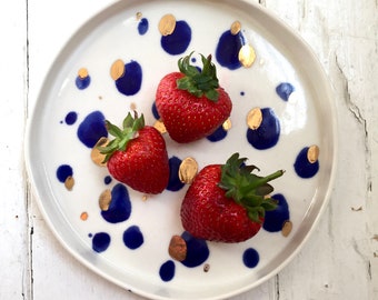 ceramic plate | Blue and gold porcelain dish | porcelain plate | ring dish | trinket dish | side plate | dinner plate | handmade ceramic