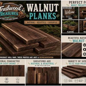 Könnte beinhalten: Eine Sammlung von dunkelbraunen Walnussholzplanken mit sichtbarer Maserung. Das Bild enthält Textbeschriftungen wie Trashwood Treasures, Walnut Planks, Natural Character und Variety of Sizes sowie kleine Symbole und Projektbeispiele.