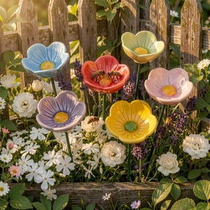 Könnte beinhalten: Ein Set aus sechs blumenförmigen Gartensteckern aus Keramik in Blau, Rot, Violett, Gelb, Hellgrün und Rosa, jeweils mit einer gelben oder grünen Mitte, montiert auf dünnen grünen Metallstäben inmitten von weißen Blumen.