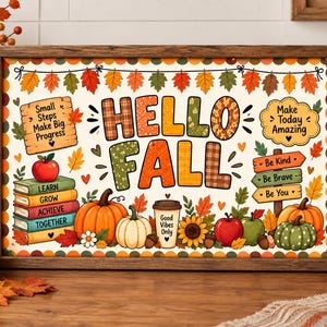Puede incluir: Un letrero rectangular con marco de madera que presenta el texto HELLO FALL en letras coloridas con patrones. El diseño incluye ilustraciones de calabazas, una pila de libros con las palabras LEARN GROW ACHIEVE TOGETHER, una taza de café y hojas.