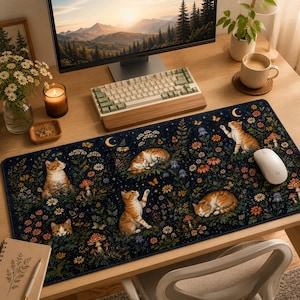 Desk Mat Design,Orange Cat Desk Mat, Botanical Keyboard Pad, Celestial  Floral Mouse Mat, Cute Cat Office Decor, Non Slip Desk Protector