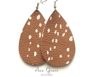 Axis Fallow Spotted Deer Print Genuine Leather teardrop earrings / 2 Sizes