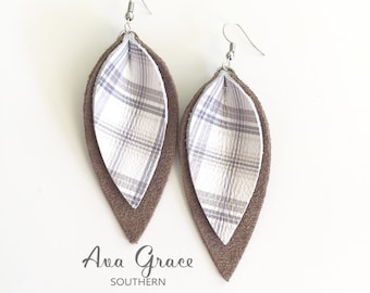 Leather leaf earrings / fawn tan genuine suede and tartan plaid tan leather / pointed pinch leaf earrings