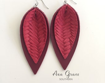 Leather leaf earrings / burgundy red genuine leather red braid embossed leather / pointed pinch leaf earrings