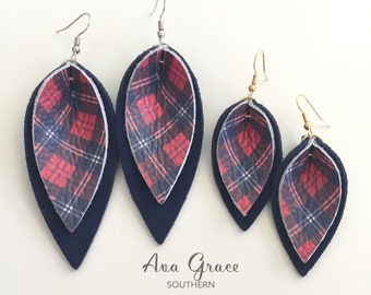 Leather leaf earrings / tartan plaid genuine leather layered over navy suede leather / pointed pinch leaf earrings