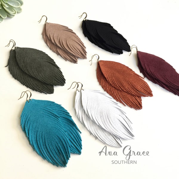 Suede feather leather earrings / burnt orange turquoise rust toast maroon white tan black olive suede leather feather earrings / boho west