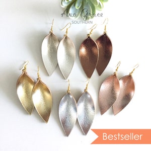 Metallic Leather leaf earrings / metallic pointed pinch leaf earrings / not associated with Joanna Gaines or Magnolia Market