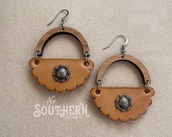 Leather & Wood Concho Earrings / Western Cowgirl Cowboy Boho Southwest Earrings / Punchy Rodeo