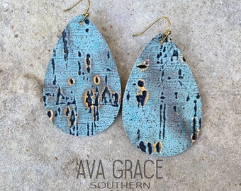 Rustic Turquoise Gold Leather Teardrop Earrings / southwestern western boho punchy leather earrings