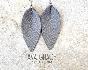 Leather leaf earrings Gray Textured Leather / pointed pinch leaf earrings/ Snake Reptile Python Embossed leather Earrings