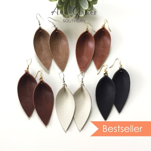 Leather leaf earrings / pointed pinch leaf earrings / not associated with Joanna Gaines or Magnolia Market