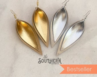 layered gold silver metallic leather leaf earrings / double layered leather earrings / not associated with Joanna Gaines or Magnolia Market