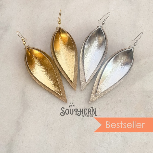 layered gold silver metallic leather leaf earrings / double layered leather earrings / not associated with Joanna Gaines or Magnolia Market