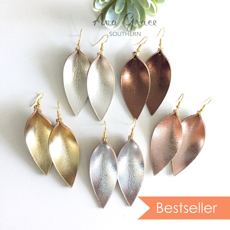 Metallic Leather leaf earrings metallic pointed pinch leaf earrings not associated with Joanna Gaines or Magnolia Market