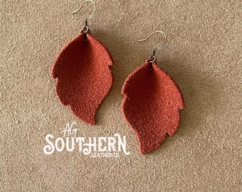 Suede Feather Leaf Earrings / Small Genuine Rust Red Suede Leather Feather Leaf Earrings