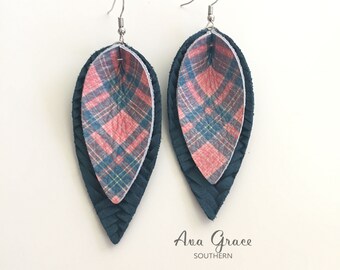 Leather leaf earrings / tartan plaid genuine leather layered over teal braid embossed leather / pointed pinch leaf earrings