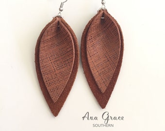 Leather leaf earrings / cognac embossed genuine leather over cognac suede leather / pointed pinch leaf earrings