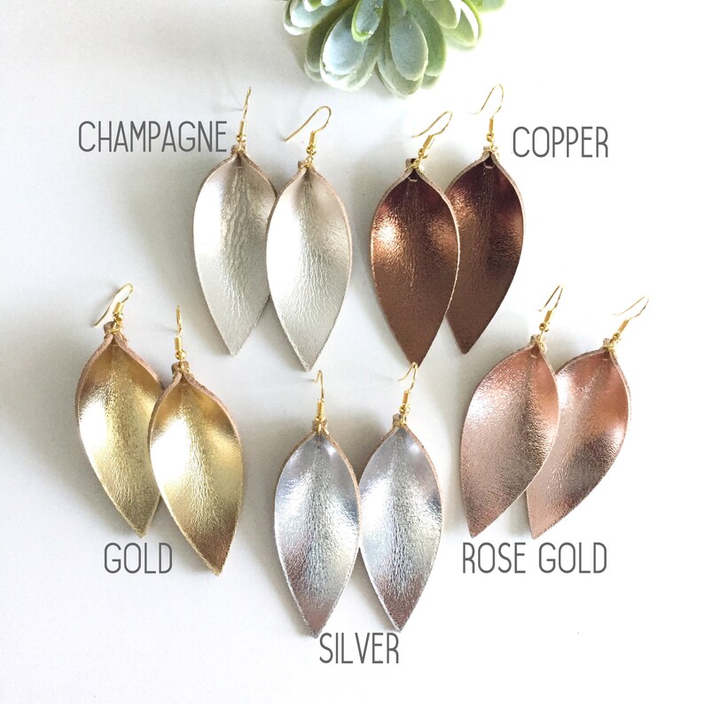 Metallic Leather leaf earrings metallic pointed pinch leaf earrings not associated with Joanna Gaines or Magnolia Market