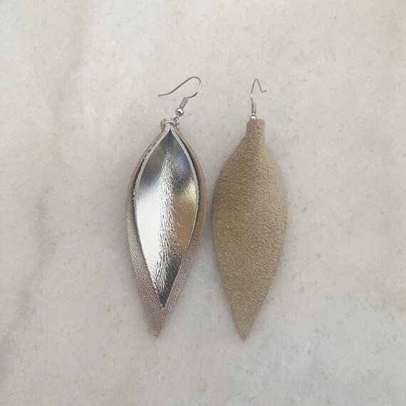 Layered Gold Silver Metallic Leather Leaf Earrings Double
