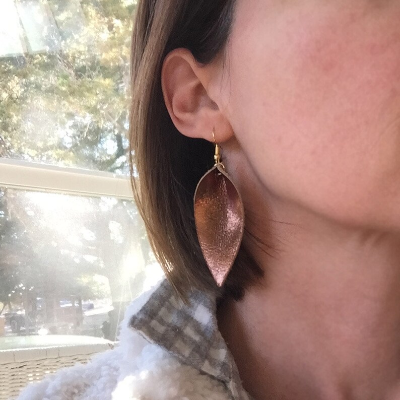 Metallic Leather leaf earrings metallic pointed pinch leaf earrings not associated with Joanna Gaines or Magnolia Market