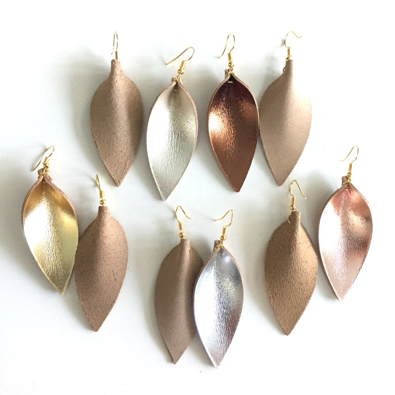 Metallic Leather leaf earrings metallic pointed pinch leaf earrings not associated with Joanna Gaines or Magnolia Market