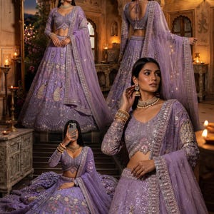 Op de afbeelding: Een lavendelkleurige lehenga choli-set met ingewikkeld zilverkleurig borduurwerk, lovertjes en pauwenmotieven op de rok. Het ensemble bestaat uit een blouse met lange mouwen, een volumineuze rok en een bijpassende transparante dupatta met randen.