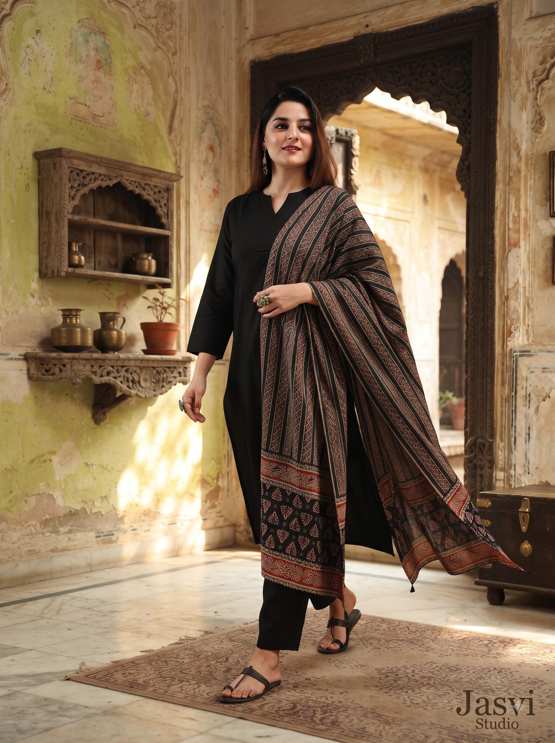 ajrak dupatta with black dress Ajrakh and a printed dupatta