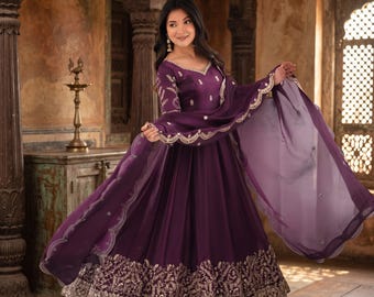 Deep Purple Fendy Silk Anarkali Gown, Gold Embroidery, Scalloped Dupatta (Ready to Wear)