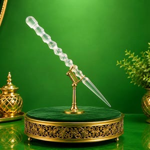 Könnte beinhalten: Ein klarer, durchscheinender Glasstab mit Spiralstruktur wird in einem Winkel von einem goldfarbenen Metallständer gehalten. Der Ständer verfügt über einen runden Sockel mit filigranen Details und einen zentralen Arm, der den Stab fixiert.