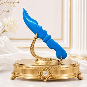 Puede incluir: Un cuchillo de color azul brillante, curvado y con borde dentado, está montado sobre un soporte de exhibición dorado, ornamentado y arqueado. El soporte descansa sobre una base circular de metal dorado con detalles intrincados, un cristal central y patas pequeñas.
