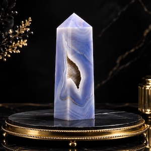 Blue Lace Agate Crystal Tower | Natural Banded Agate Obelisk | Polished Gemstone Point | Crystal Home Decor