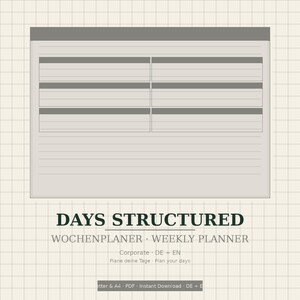 Könnte beinhalten: Eine Wochenplaner-Vorlage auf kariertem Hintergrund mit einem grauen Kopfbereich, sechs rechteckigen Feldern für tägliche Aufgaben und horizontalen Linien. Der Text lautet: DAYS STRUCTURED, WOCHENPLANER, WEEKLY PLANNER, Corporate, DE + EN, Plane deine Tage, Plan your days, Letter & A4, PDF, Instant Download, DE + EN.