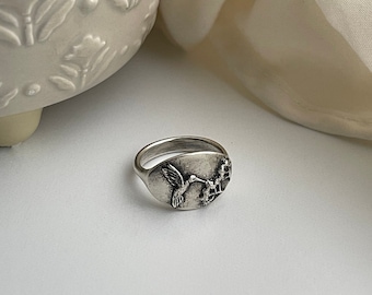 Hummingbird and Yarrow Ring | garden jewelry | bird ring | botanical jewelry | silver | 14k gold | vintage inspired jewelry | boho ring