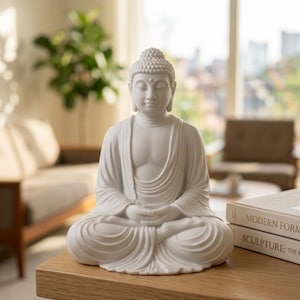 Puede incluir: Una escultura de Buda en color blanco mate en posición de meditación sentada con las manos descansando en el regazo. La figura presenta rizos detallados en el cabello, una expresión facial serena y túnicas drapeadas. Junto a la escultura hay libros con las etiquetas Modern Form y Sculpture: The M.