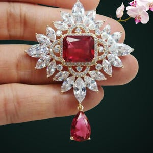 Vintage Ruby Brooch Pendant, Red Crystal Statement Pin, Victorian Style Brooch, Teardrop Dangle Pin, Crystal Starburst Brooch, Gift for Her